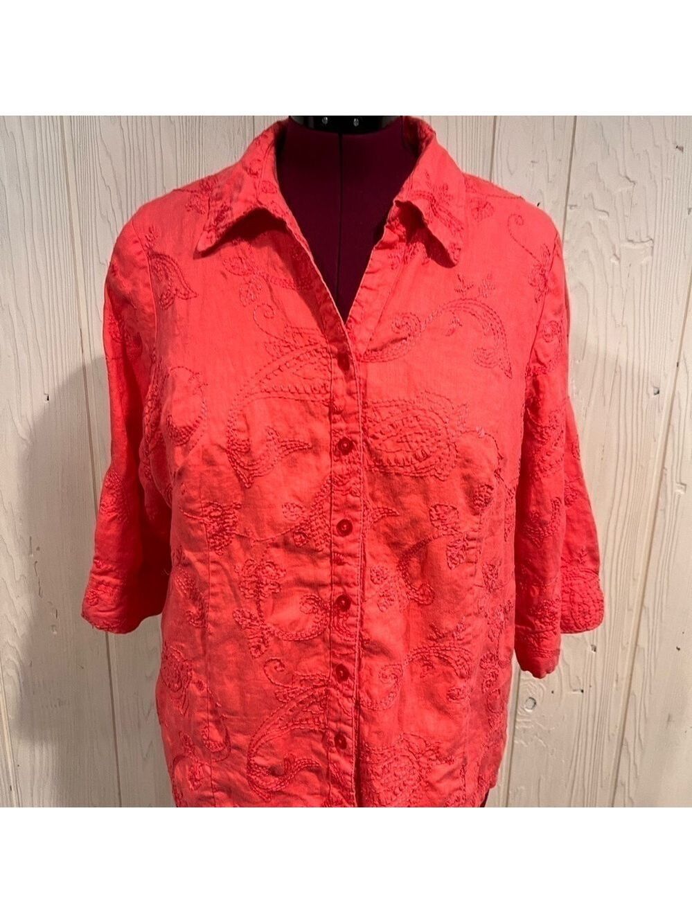 Susan Bristol Choral Button Down Embroidery Linen Blouse Size 2X